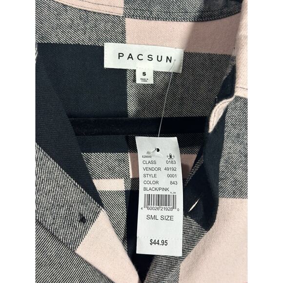NWT Pacsun Mens Classic Plaid Flannel Button Down Long Sleeve Pink/Black Small - Picture 6 of 12